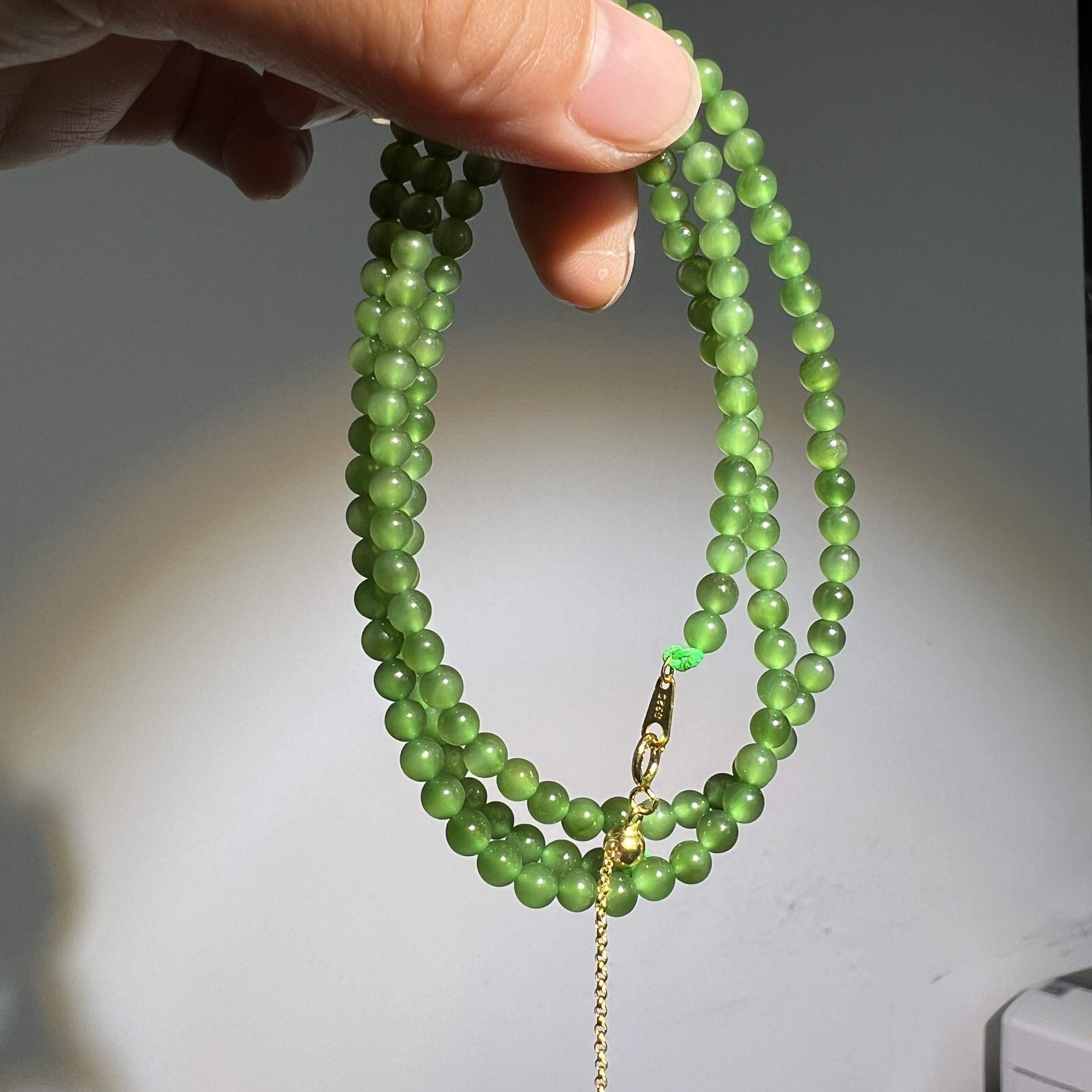 4mm天然俄料和田玉绿猫眼项链56+5cm