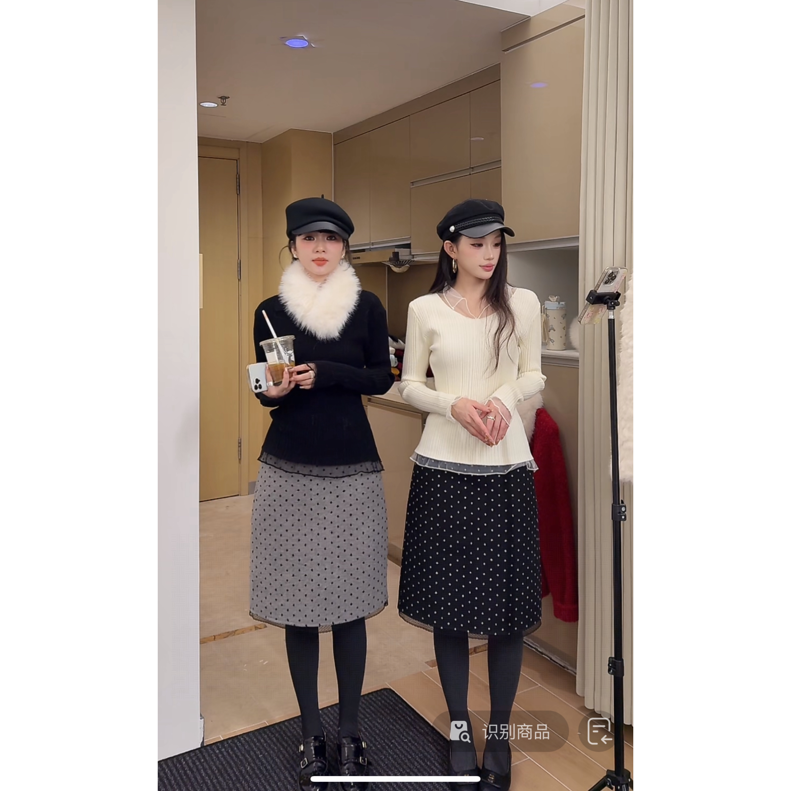 Beauty（9BT88038#）韩系百搭 波点蕾丝边毛呢半身裙11-26