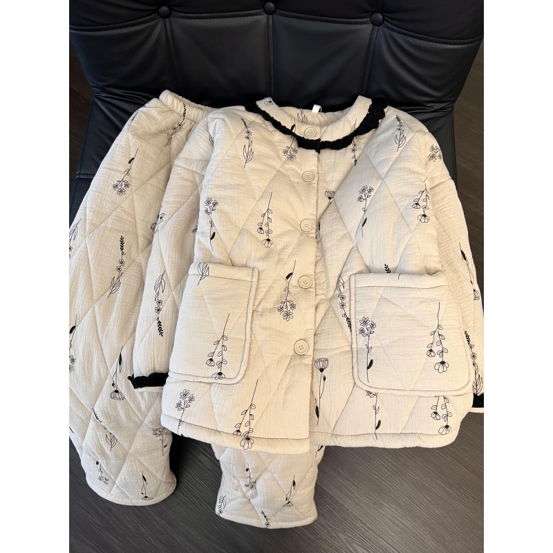 新中式国风碎花夹棉睡衣女冬季新款保暖加绒加厚可外穿家居服套装