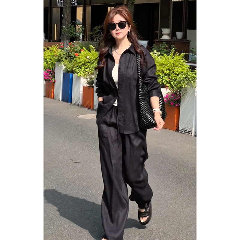 【齐小齐】2025新夏装亚麻衬衫套装阔腿裤法国雨露亚麻时尚衬衫套装