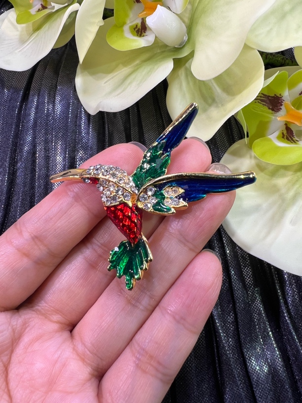铁合金珐琅胸针 vintage中古珐琅蜂鸟胸针