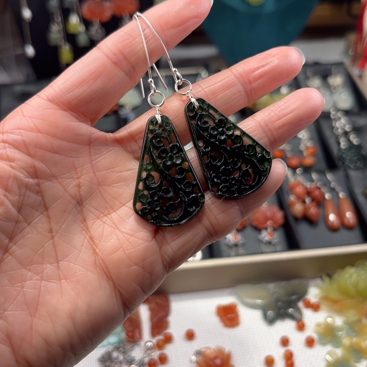 蛇纹石玉耳饰银S925镶嵌