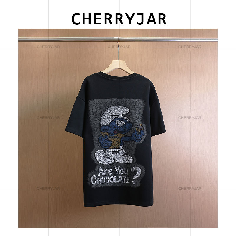 Cherryjar【25100】宽松时尚蓝精灵印花黑色短袖T恤重工情侣潮流