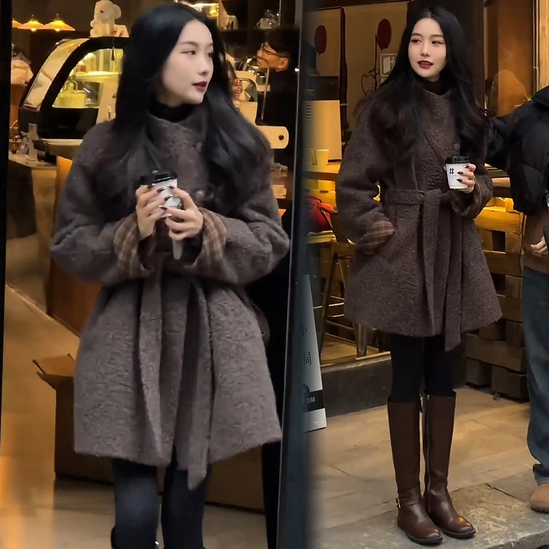 夹棉内胆毛呢外套女2024冬季新款洋气中长款收腰加棉呢子大衣潮