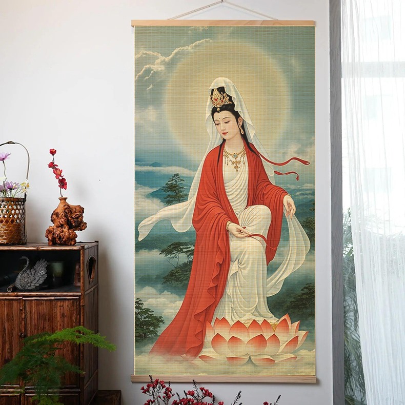 观自在观音像竹编挂画装饰画客厅佛堂玄关茶室竹帘画佛韵禅意细丝