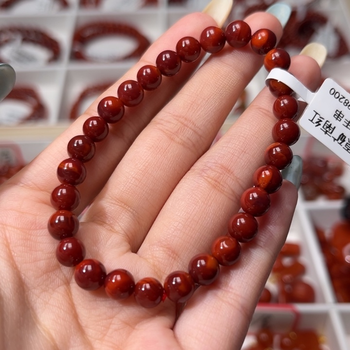南红玛瑙未镶嵌手链满肉牛血红6.6+mm圆珠