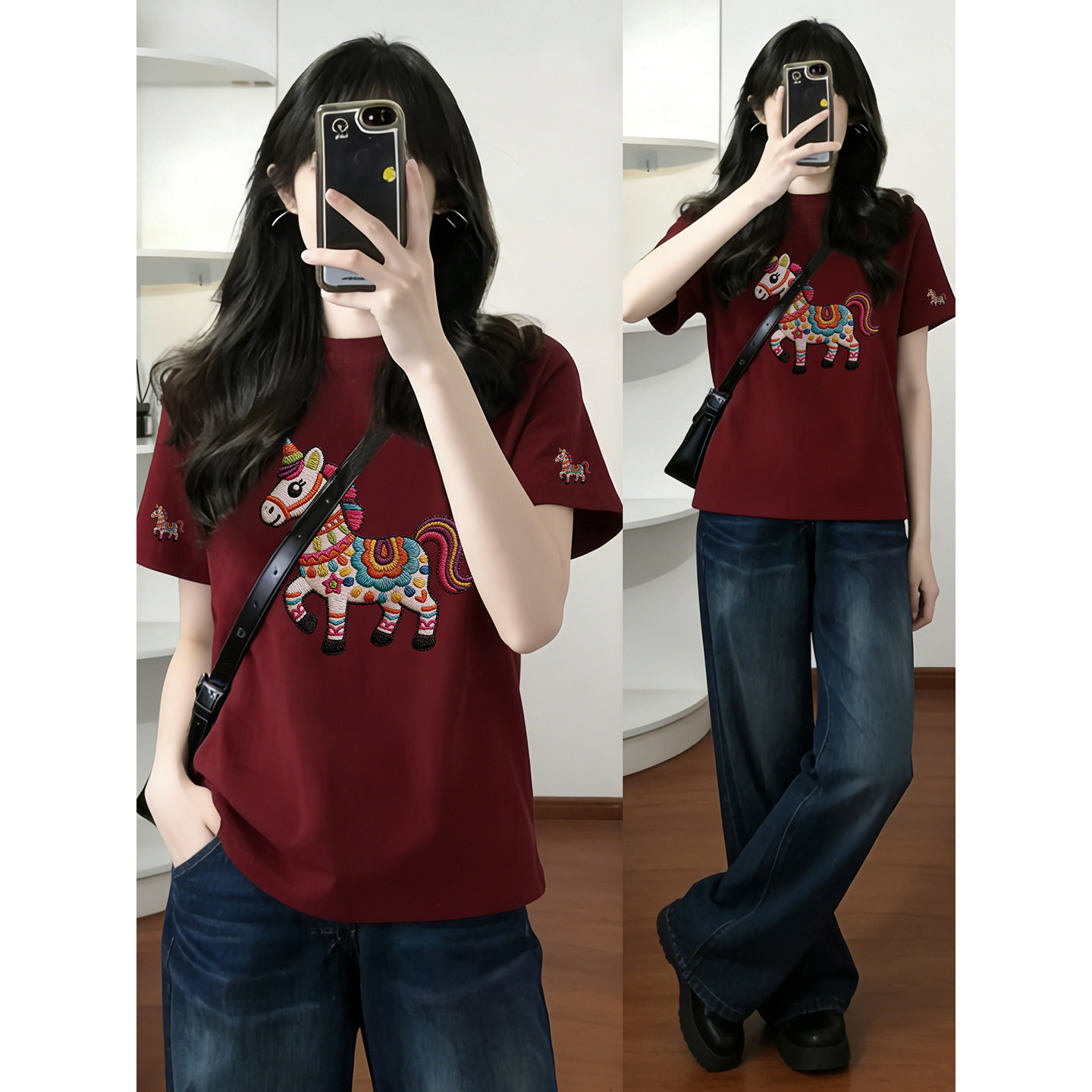 酒红色小马印花正肩短袖t恤女夏季新款2026新款圆领显瘦大码上衣
