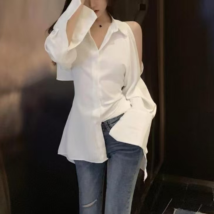 【倾慕】九伊女装设计师显瘦收腰单露肩喇叭袖上衣衬衫005