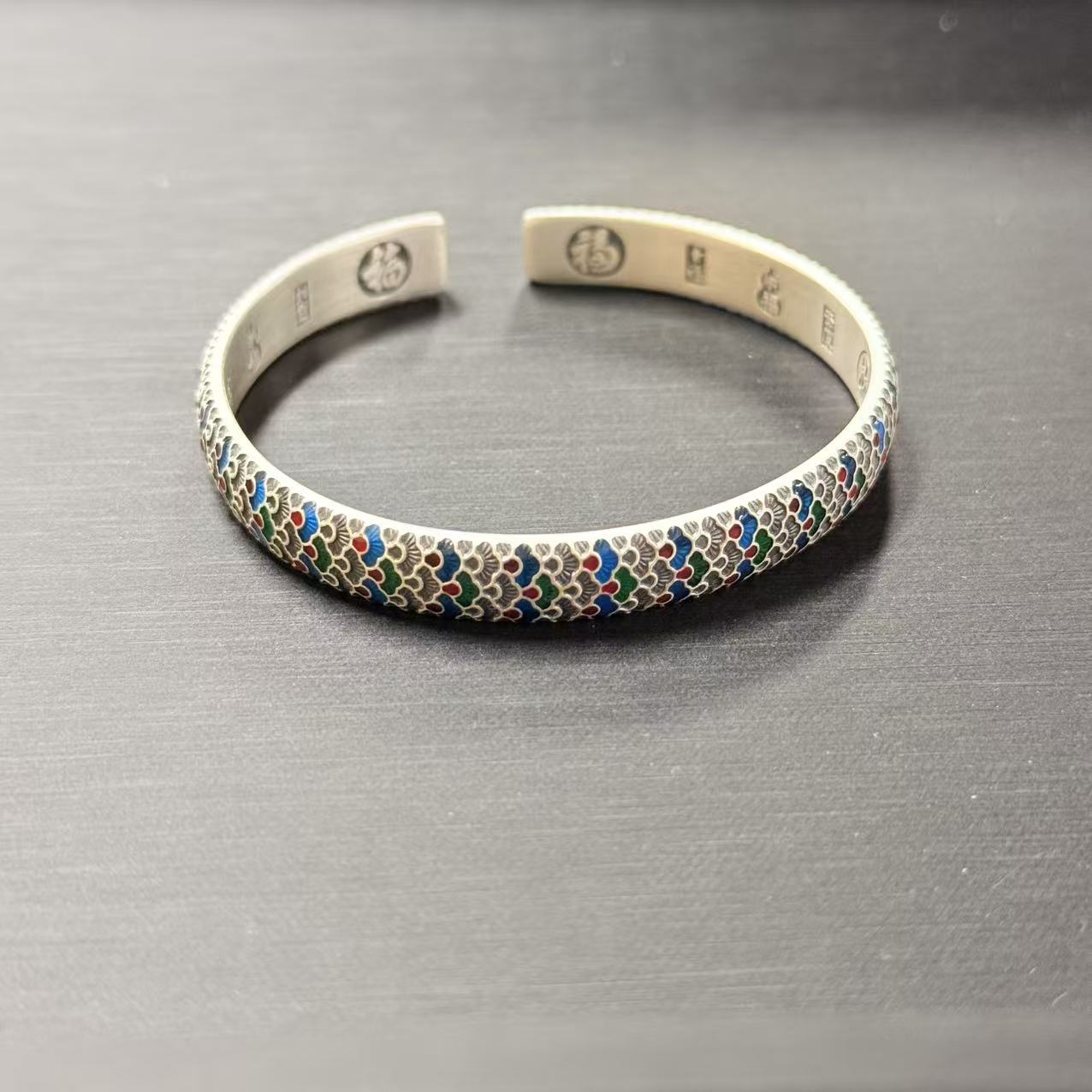 足银手镯 足银宽版珐琅开口镯*（多样性发一件）