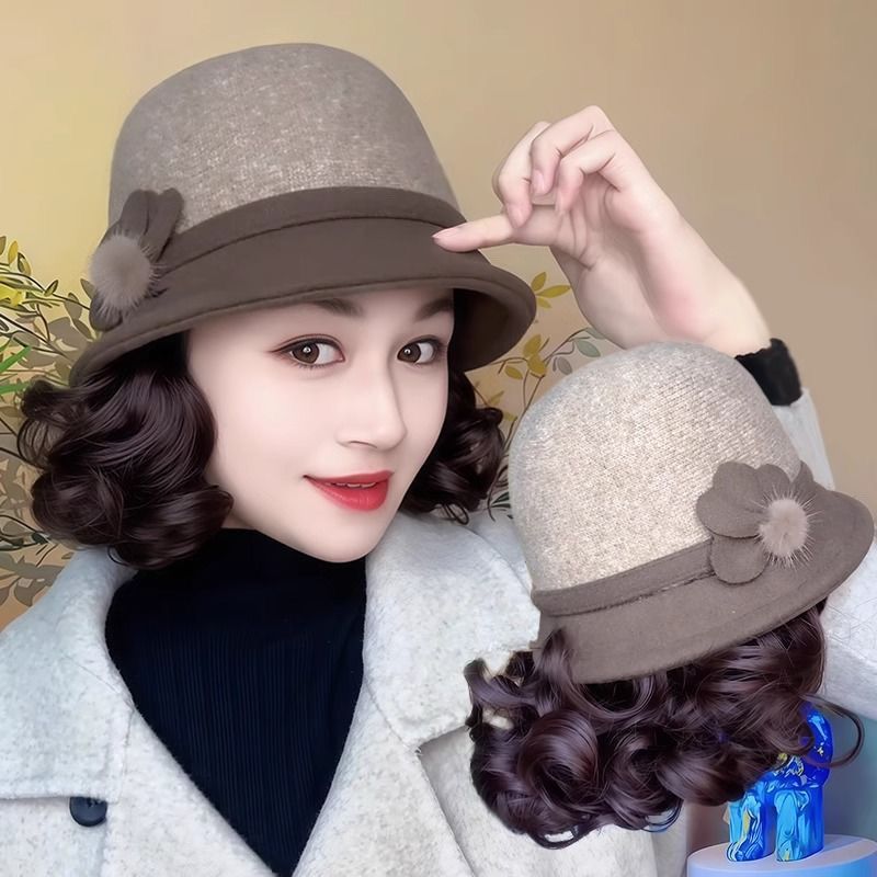 妈妈款假发帽子女短卷发假发全头套时尚秋冬渔夫帽子假发女一体冬