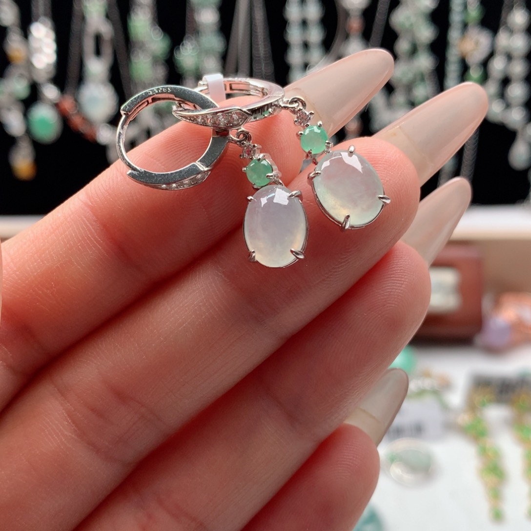 翡翠戒指银S925镶嵌耳钉