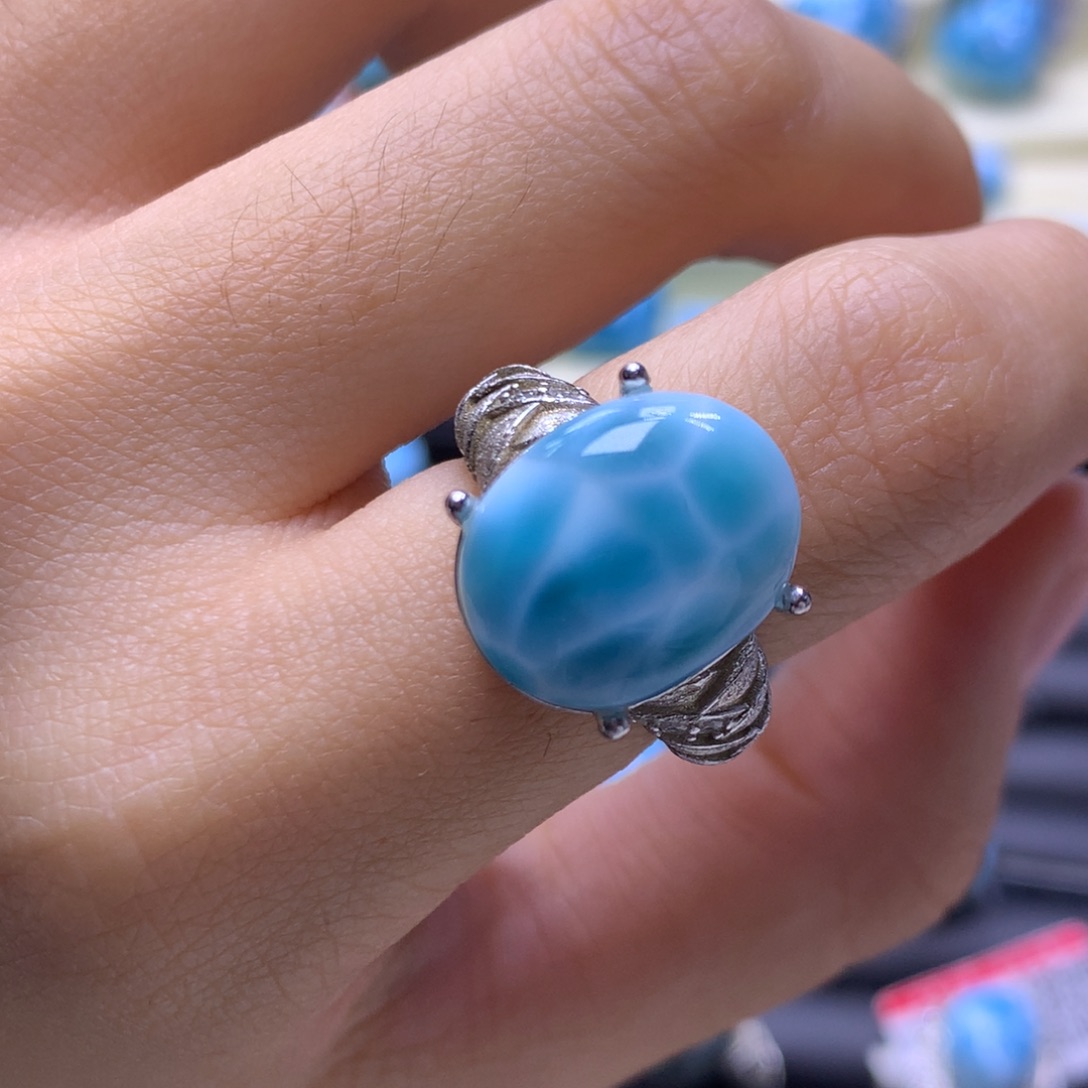 针钠钙石（海纹石）银S925镶嵌戒指蛋面戒指色差略异