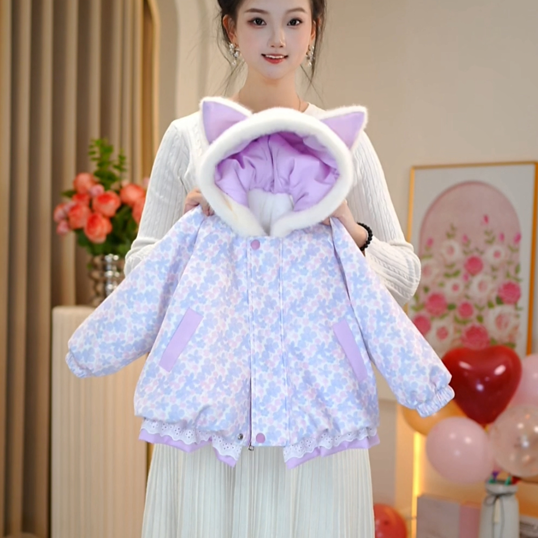 【佳琪妈】2025女童极寒系列紫色花朵毛领一件过冬连帽棉服-7210#