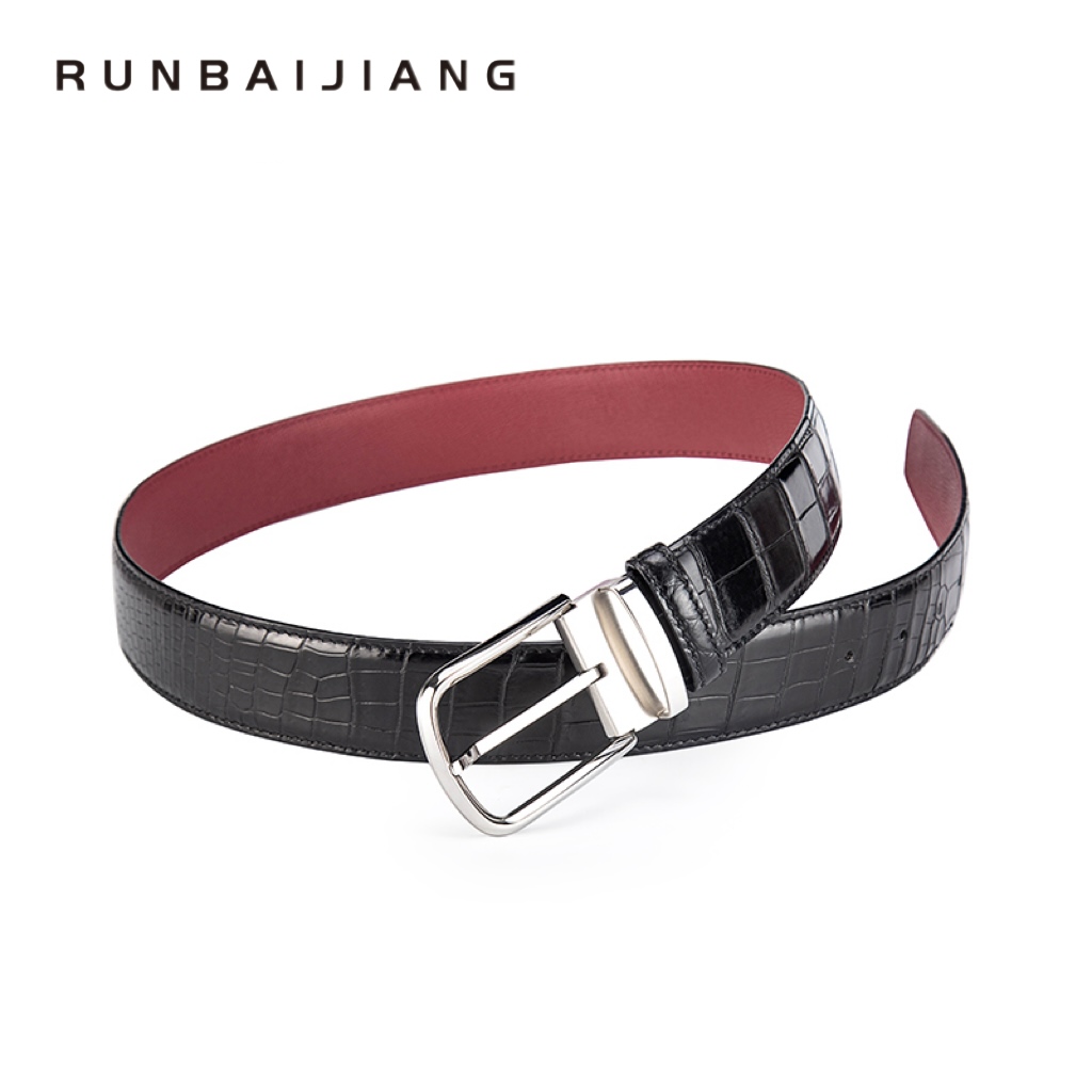 高档鳄鱼皮针扣尼罗肚皮黑色经典男士商务休闲时尚自用/送礼皮带