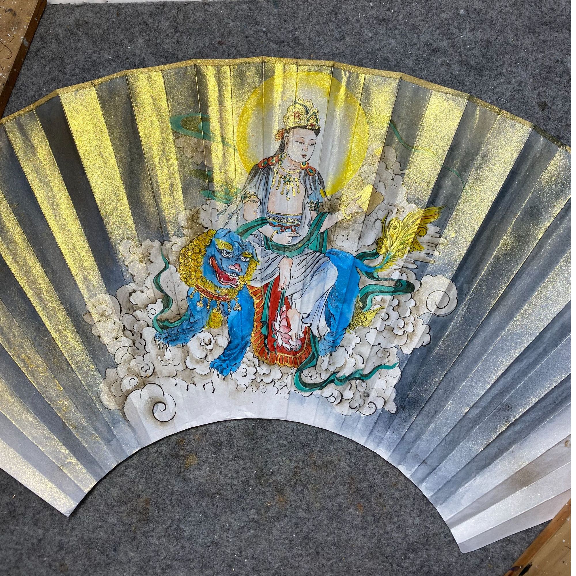 烧泊喷金文殊菩萨扇面95寸18方