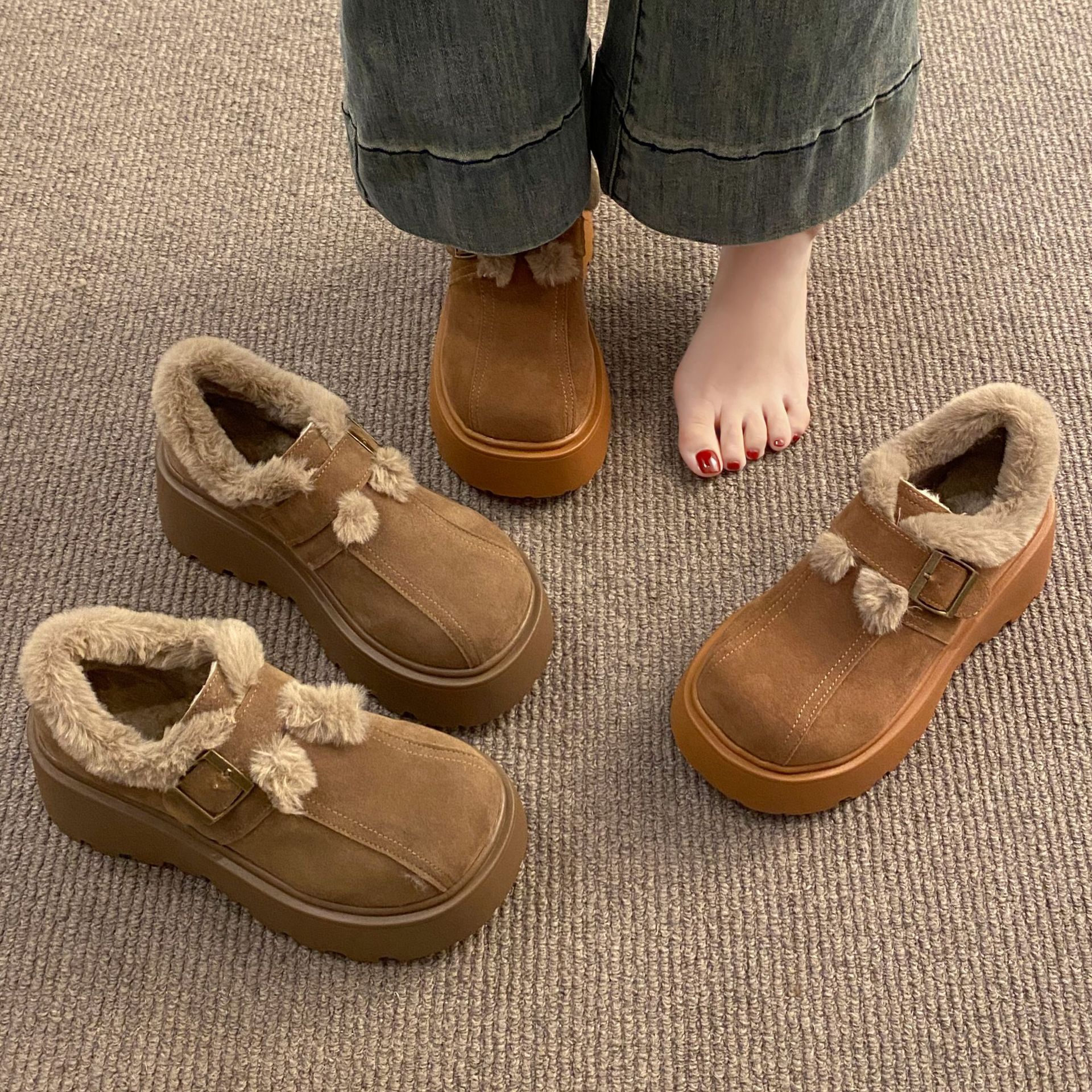 毛毛豆豆鞋博肯鞋女新款冬季新款懒人一脚蹬厚底加绒棉鞋保暖舒适