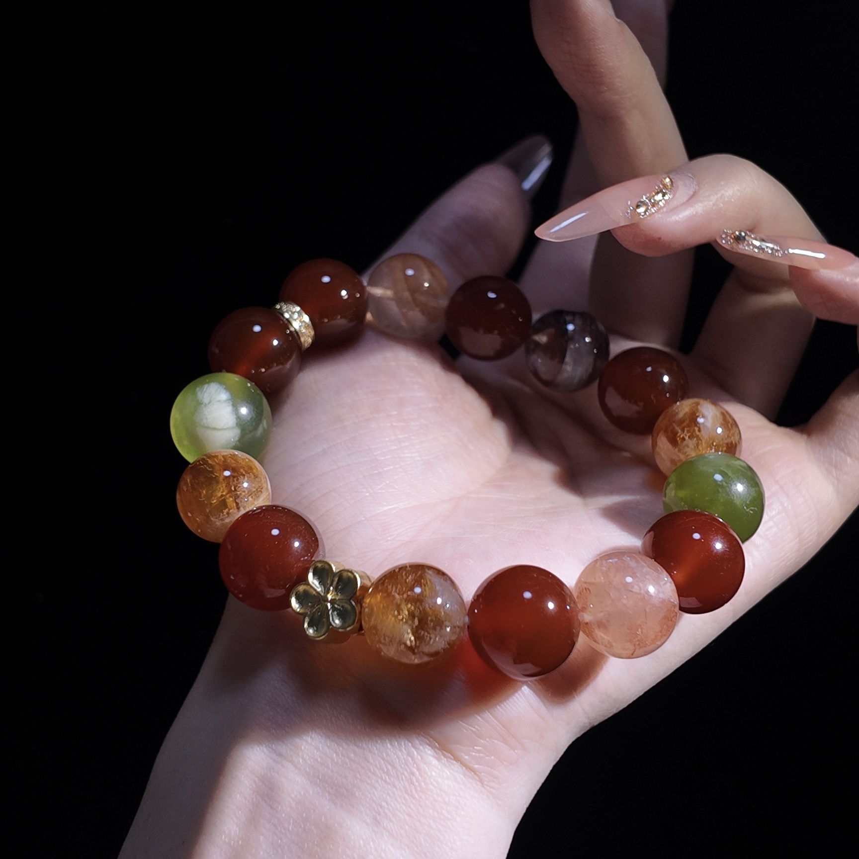 【圣诞星语】天然水晶黄塔晶岫玉红玛瑙牛血红胶花黄胶花手串