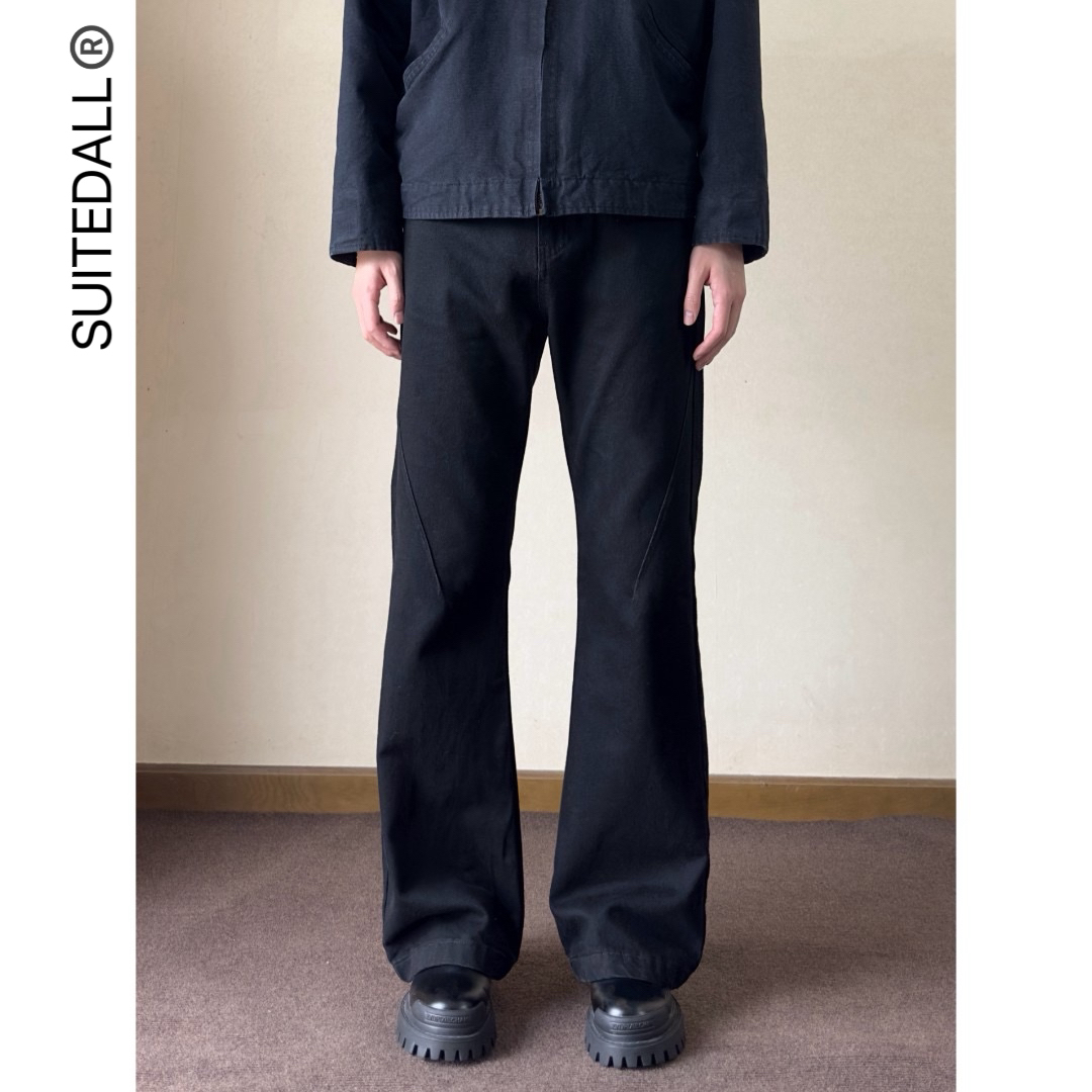 SUITEDALL黑色微喇叭水洗牛仔裤 百搭高街简约休闲压褶长裤ALLFIT商品图