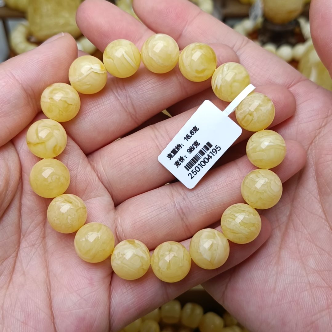 蜜蜡手链未镶嵌12圆珠鸡油黄白花虎皮纹