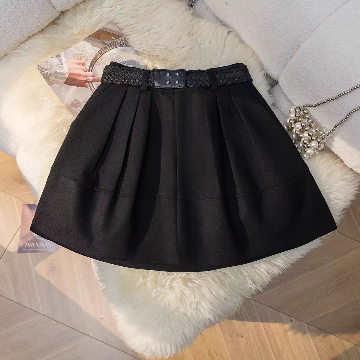 8073#高级感灰色猫腻蓬松短裙女2025秋冬季口袋高腰A字裙半身裙