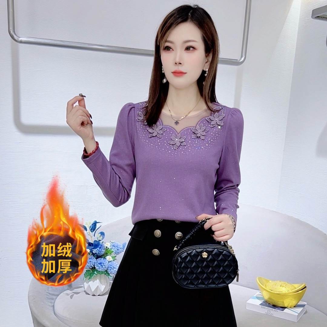 A9203秋冬款T恤立体花朵长袖T恤韩版洋气遮肉显瘦打底上衣