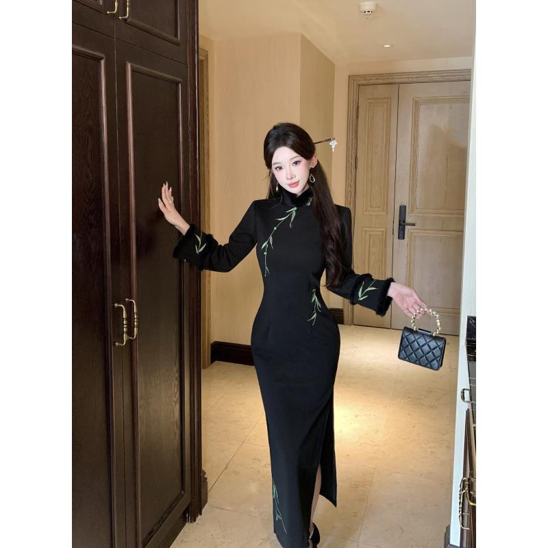 苏故里【墨韵竹影】冬款文艺气质修身高端日常旗袍奢华气质衣长125