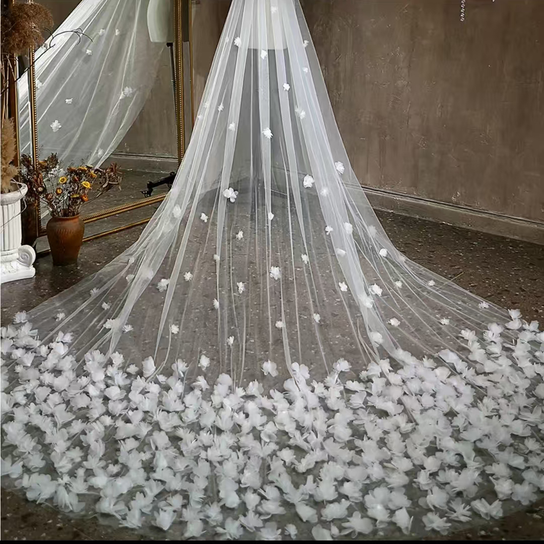 复古风田园风成人简约公主风绢纱花朵头纱新娘结婚主婚纱超仙头纱