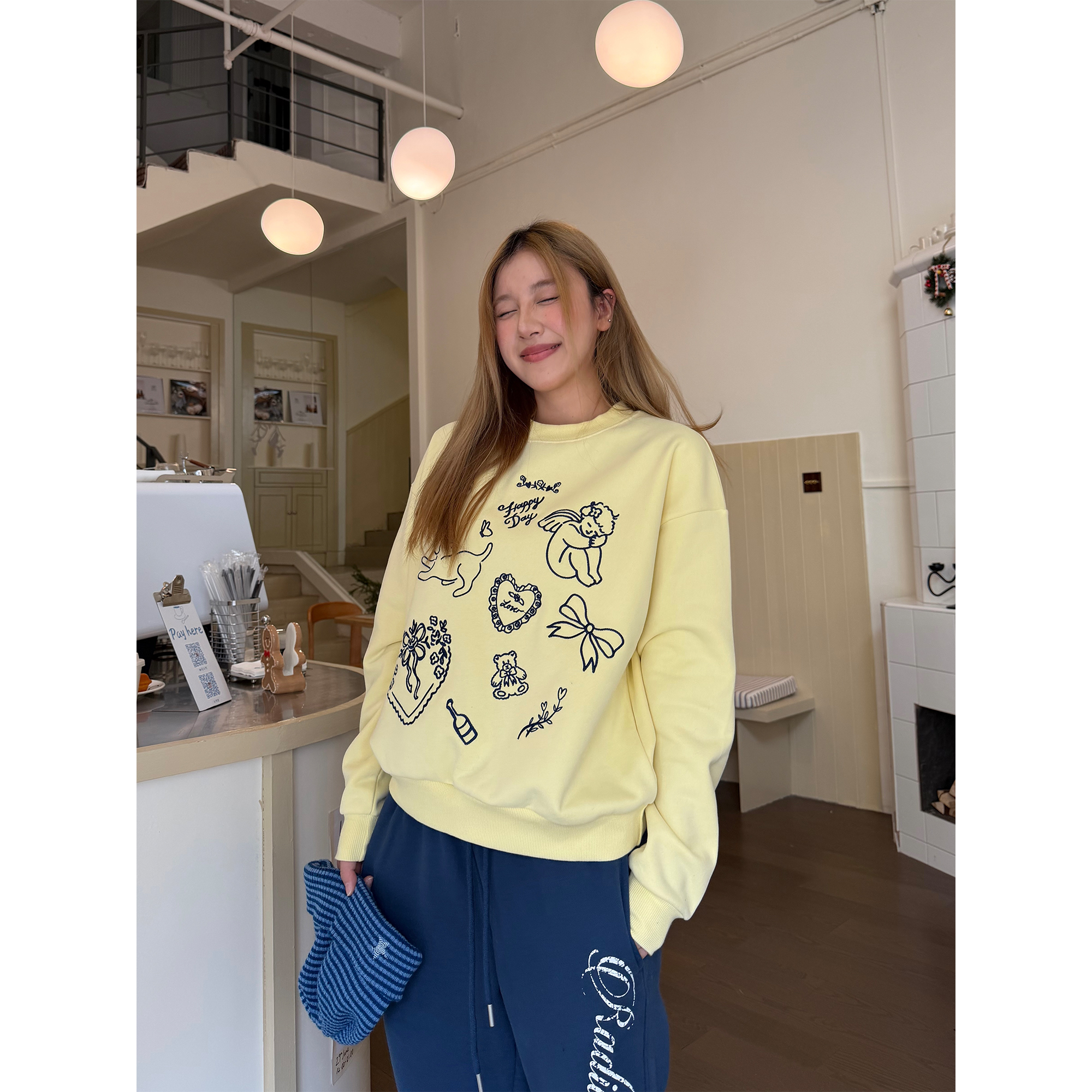 川川也家刺绣加绒卫衣圆领宽松休闲加厚上衣男女重磅保暖绒衫秋冬