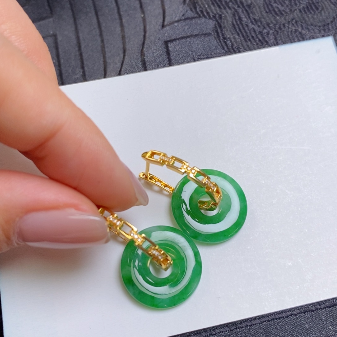 翡翠18K金镶嵌耳饰链条耳包➕甜甜圈