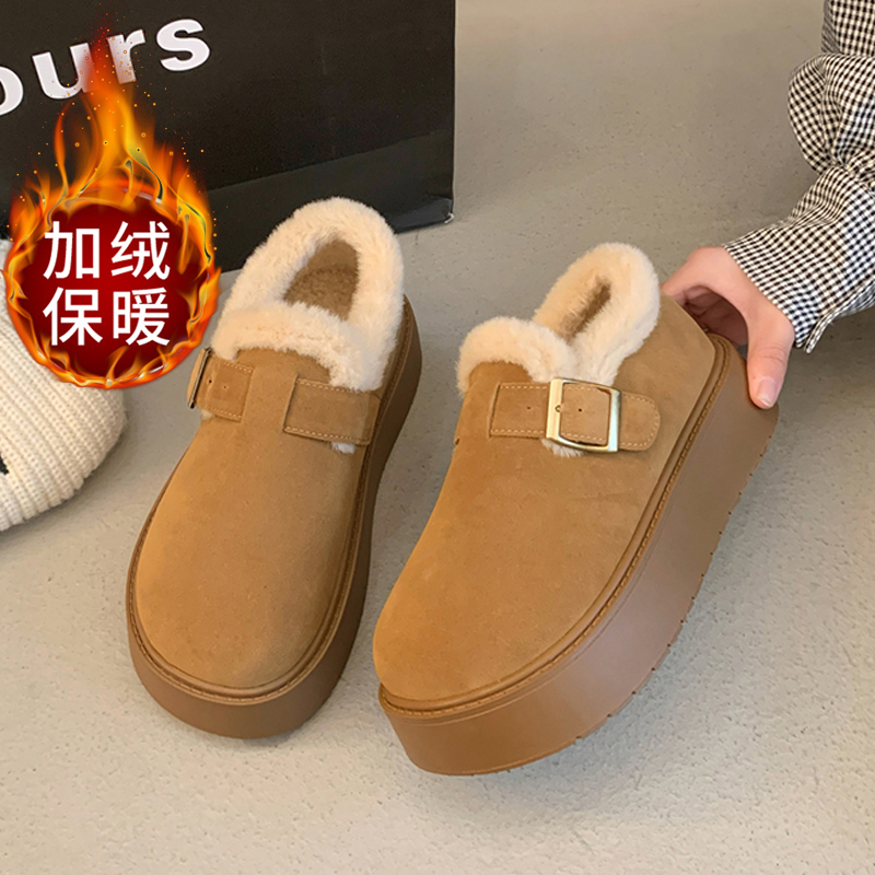 勃肯鞋女加绒加厚大棉保暖雪地棉鞋2024年冬季新款厚底增高乐福鞋