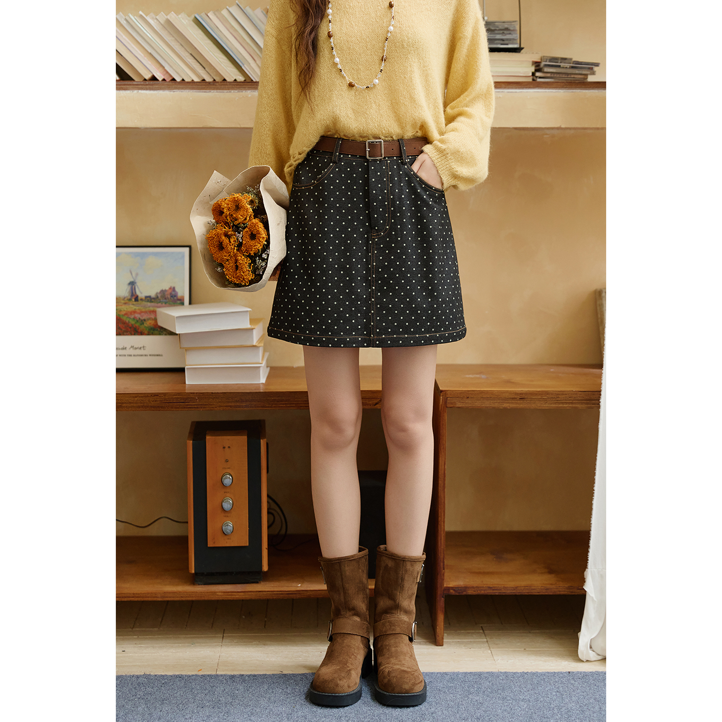 谜秀波点半身裙2025年秋季立裁A字遮肉牛仔半裙子