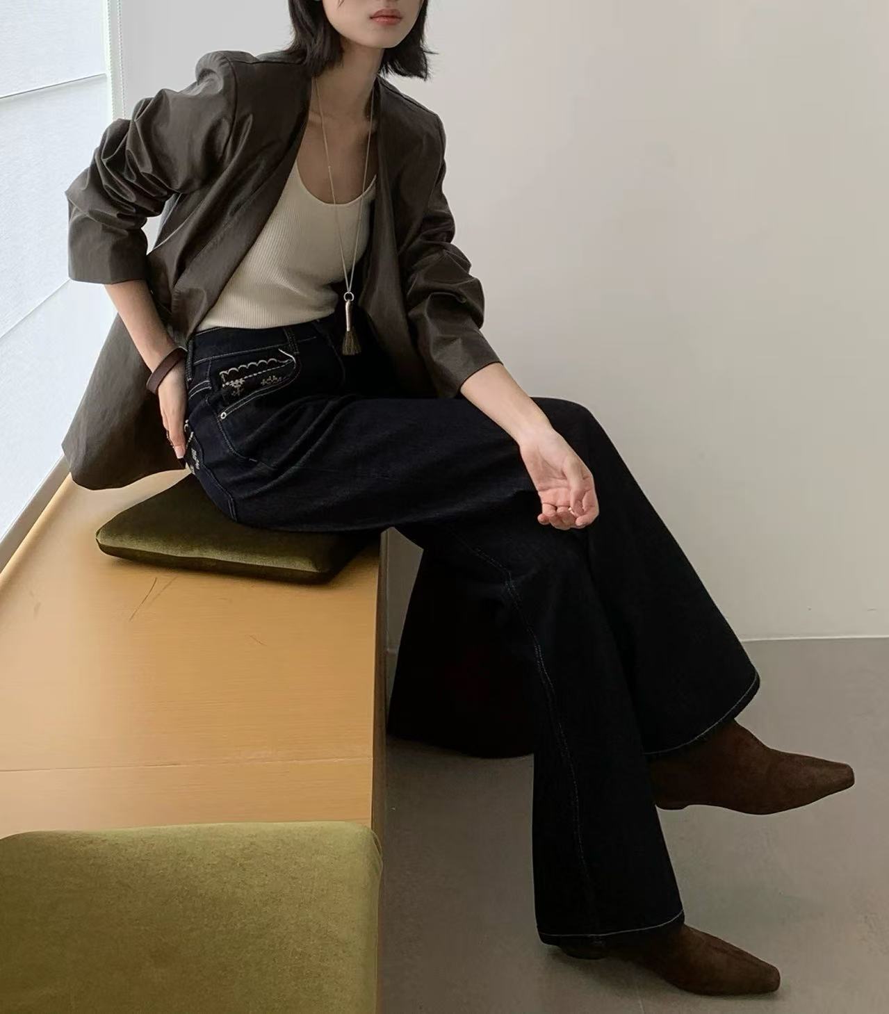 A-02【樱】开叉直筒牛仔裤女高腰秋冬款新款宽松小个子九分烟管裤