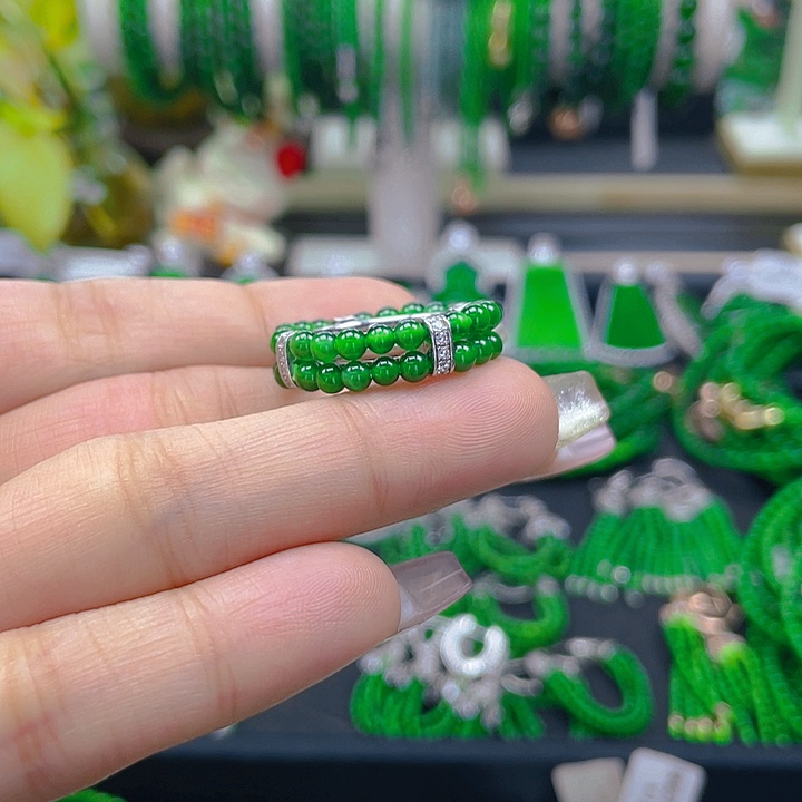翡翠戒指银S925镶嵌姐****）圆珠戒圈3