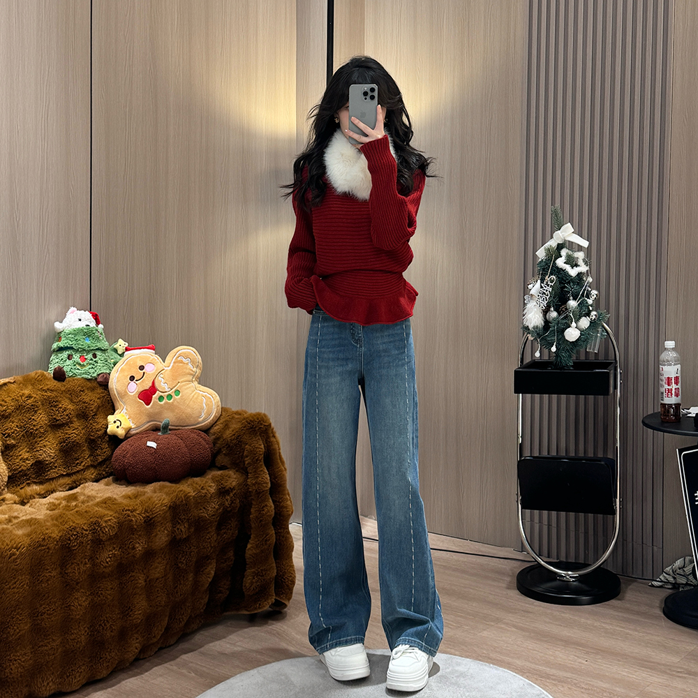 Nooneisland冬季加绒梨形身材直筒牛仔裤新款显瘦高腰裤子6100