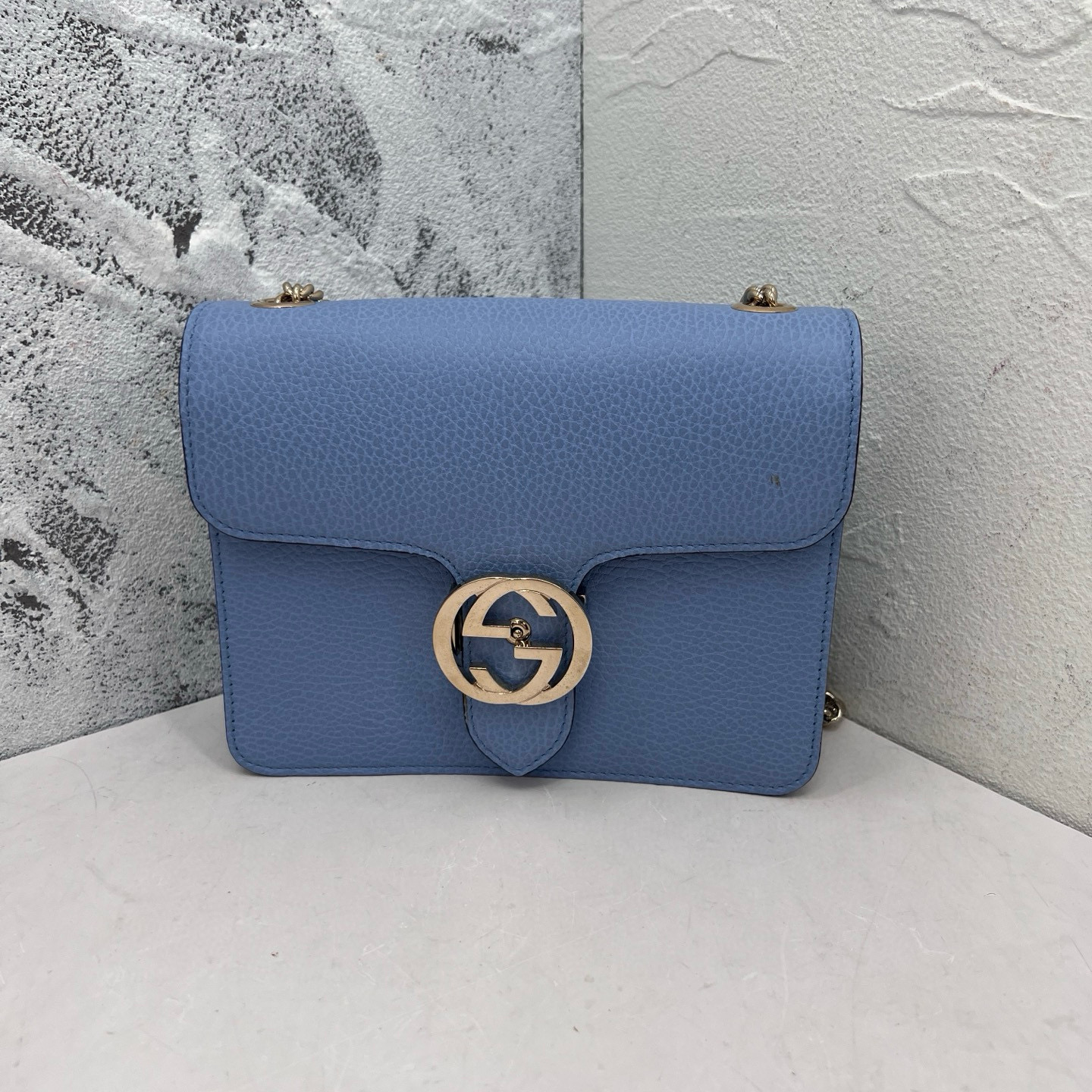 99新 GUCCI/古驰 女士经典双G淡蓝色风琴包单肩腋下包