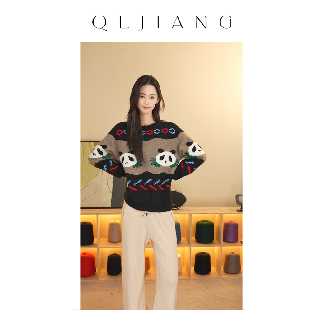 【国宝重工】女士刺绣熊猫款提花加厚款100%纯山羊绒衫毛衣