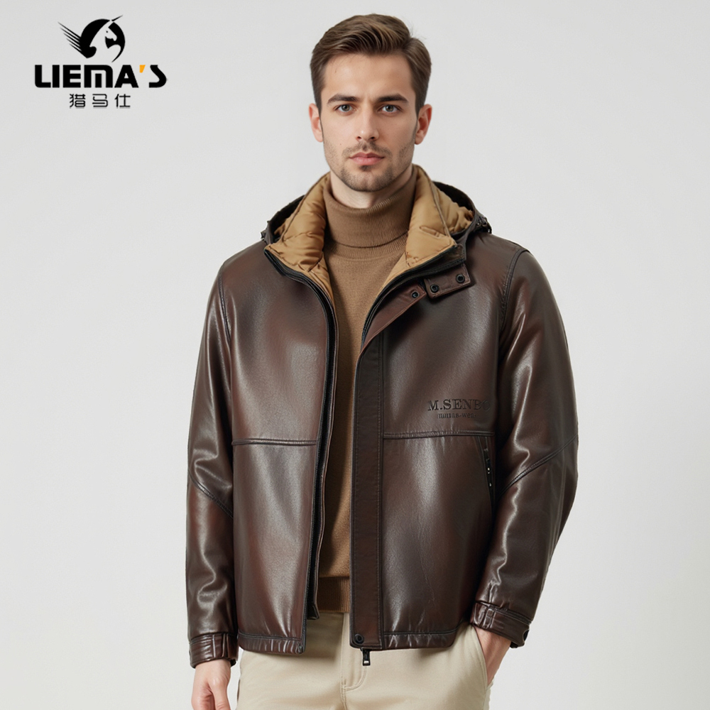 LM2809秋冬季男士双色连帽可脱卸羽绒内胆山羊皮皮衣夹克外套加厚