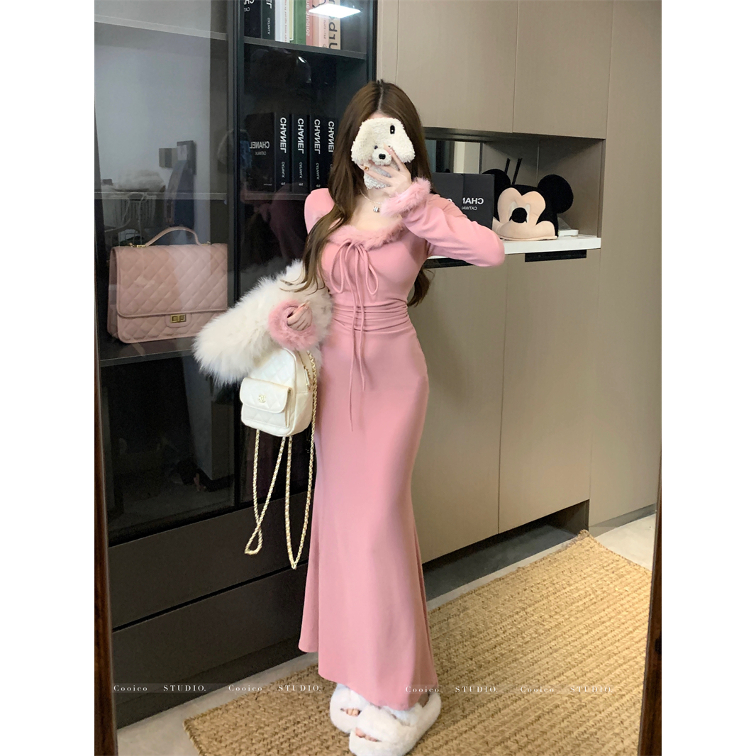 绝美浪漫磨毛针织鱼尾连衣裙2025冬季新款收腰包臀内搭配大衣长裙