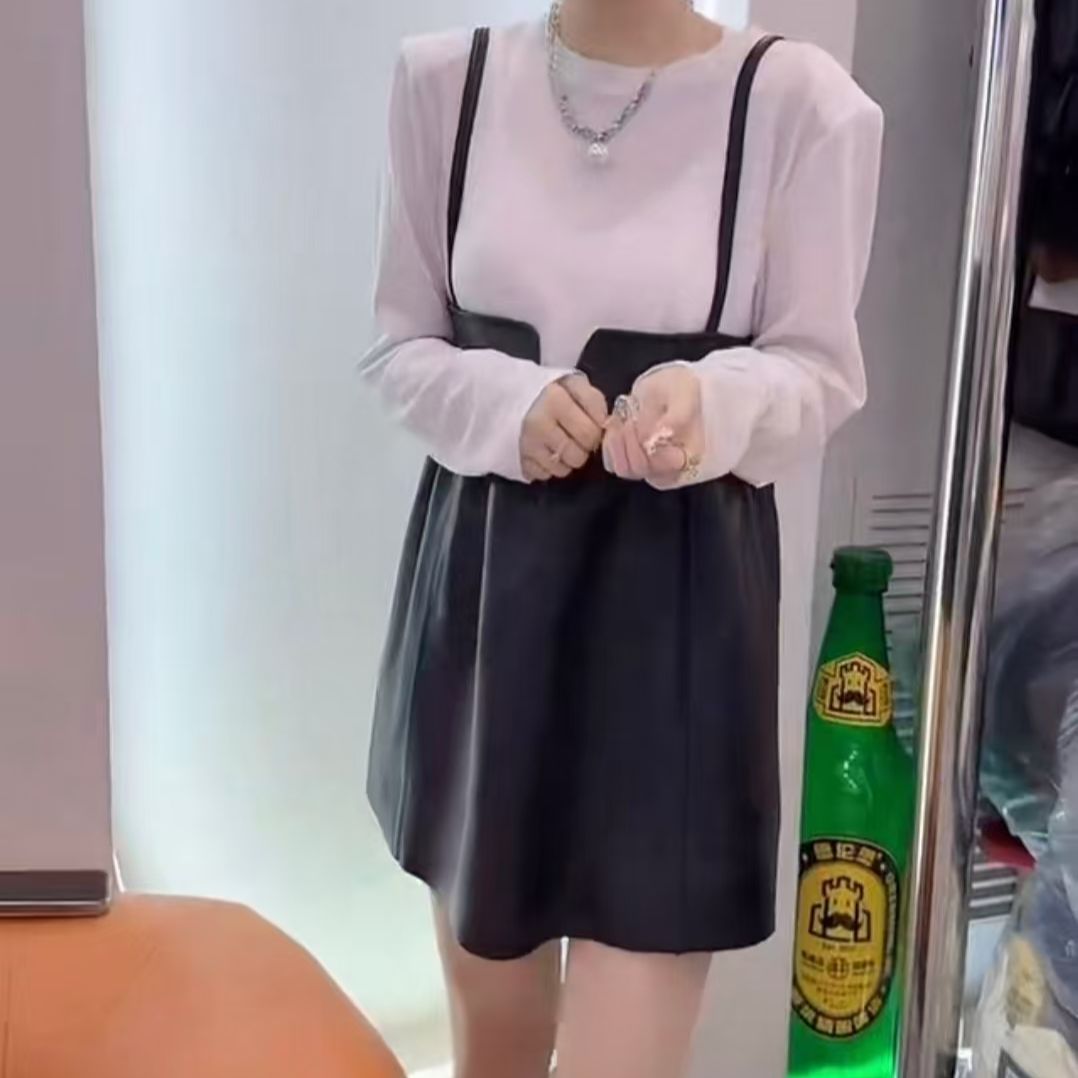 2025春秋新款韩国皮连衣裙女软皮无袖背心裙宽松显瘦百搭吊带裙子