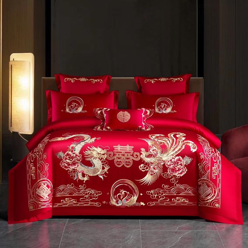 【恩爱龙凤】【聚酯纤维】龙凤婚庆家纺床上用品刺绣中式红色四件套