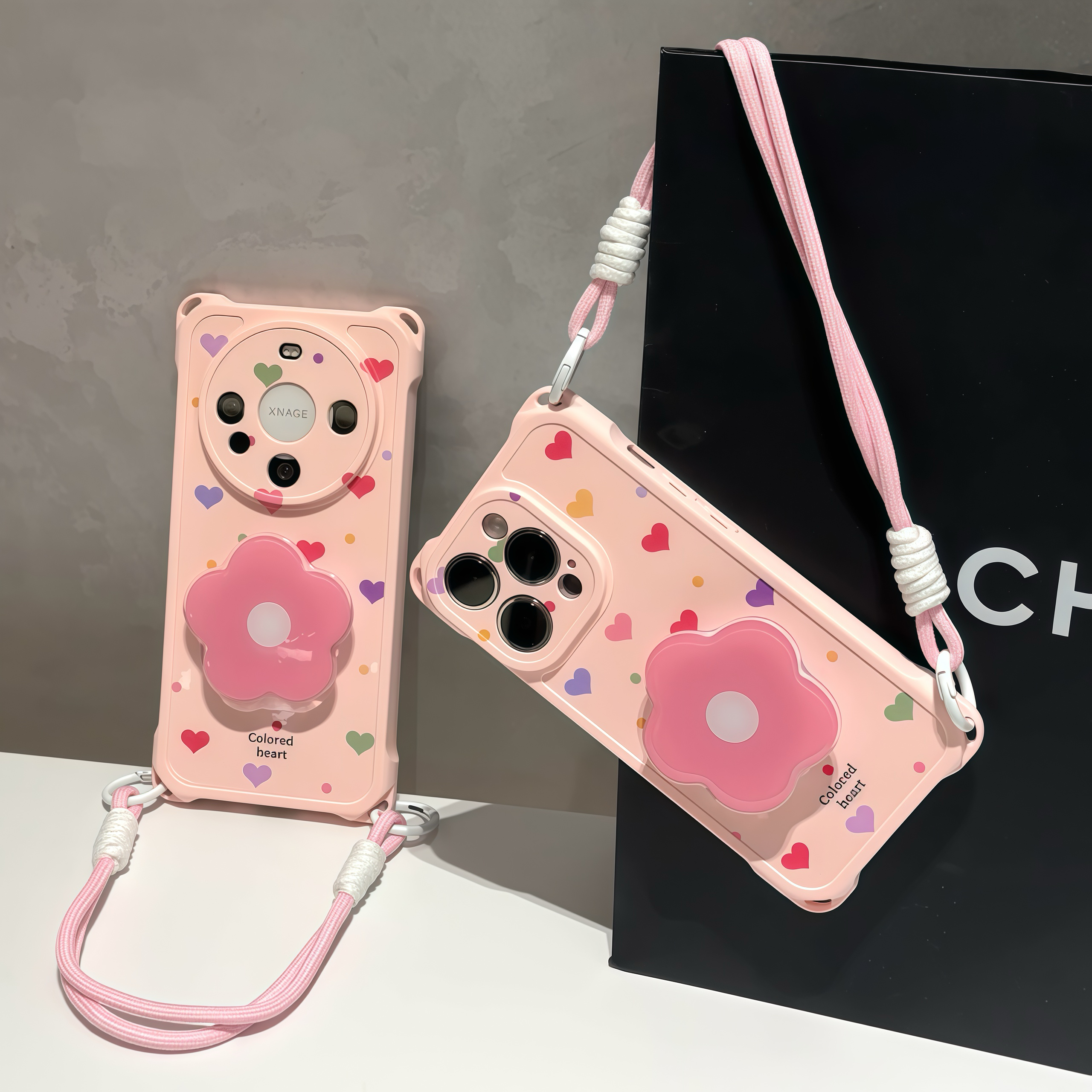 ins粉爱心花朵支架挂绳适用iPhone苹果16手机壳华为vivoppo小米15
