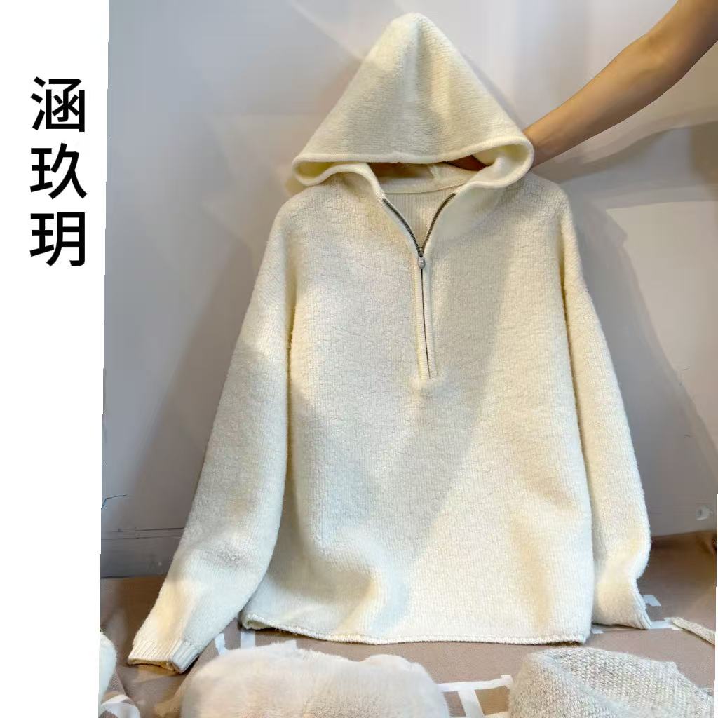 涵玖玥【100羊毛】带帽慵懒风减龄厚款半拉链套头上衣丹-01-2403
