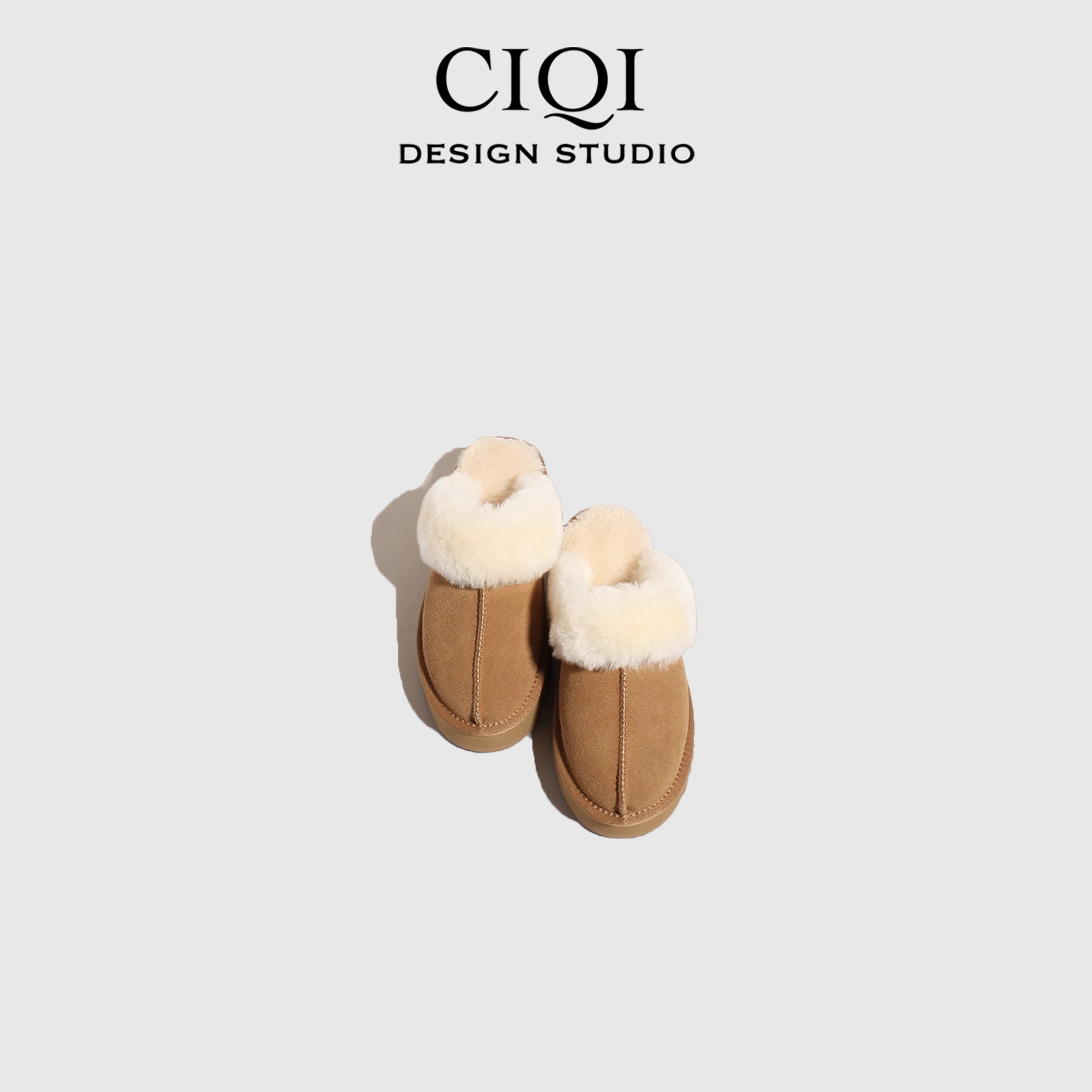 CIQI STUDIO秋冬牛反绒雪地靴加绒保暖棉鞋一脚蹬拖鞋D895-6669A