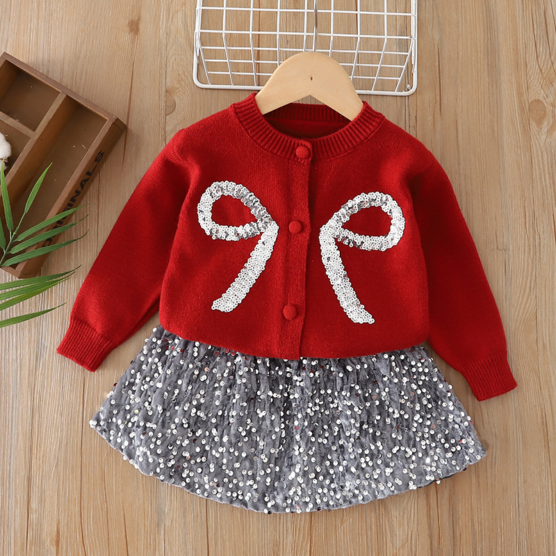 女童毛衣套装秋冬2025款红色新年款亮片蝴蝶结针织衫两件套拜年服