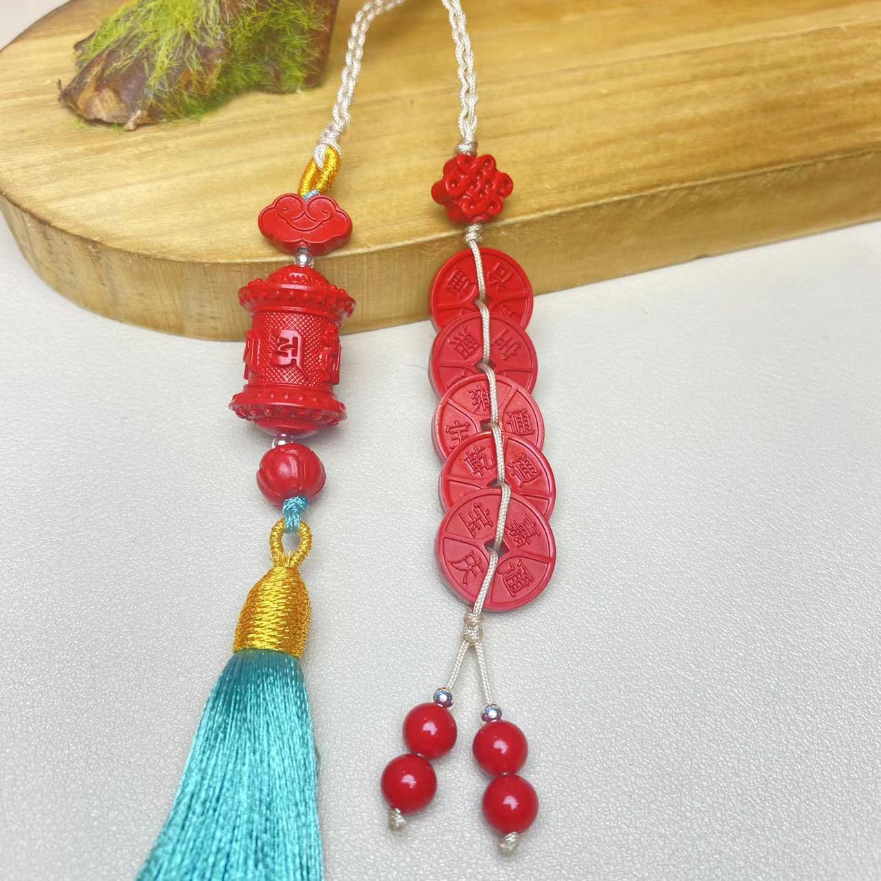 含辰砂工艺品高含量朱砂红砂设计款五帝钱转经筒车挂保真朱砂车挂