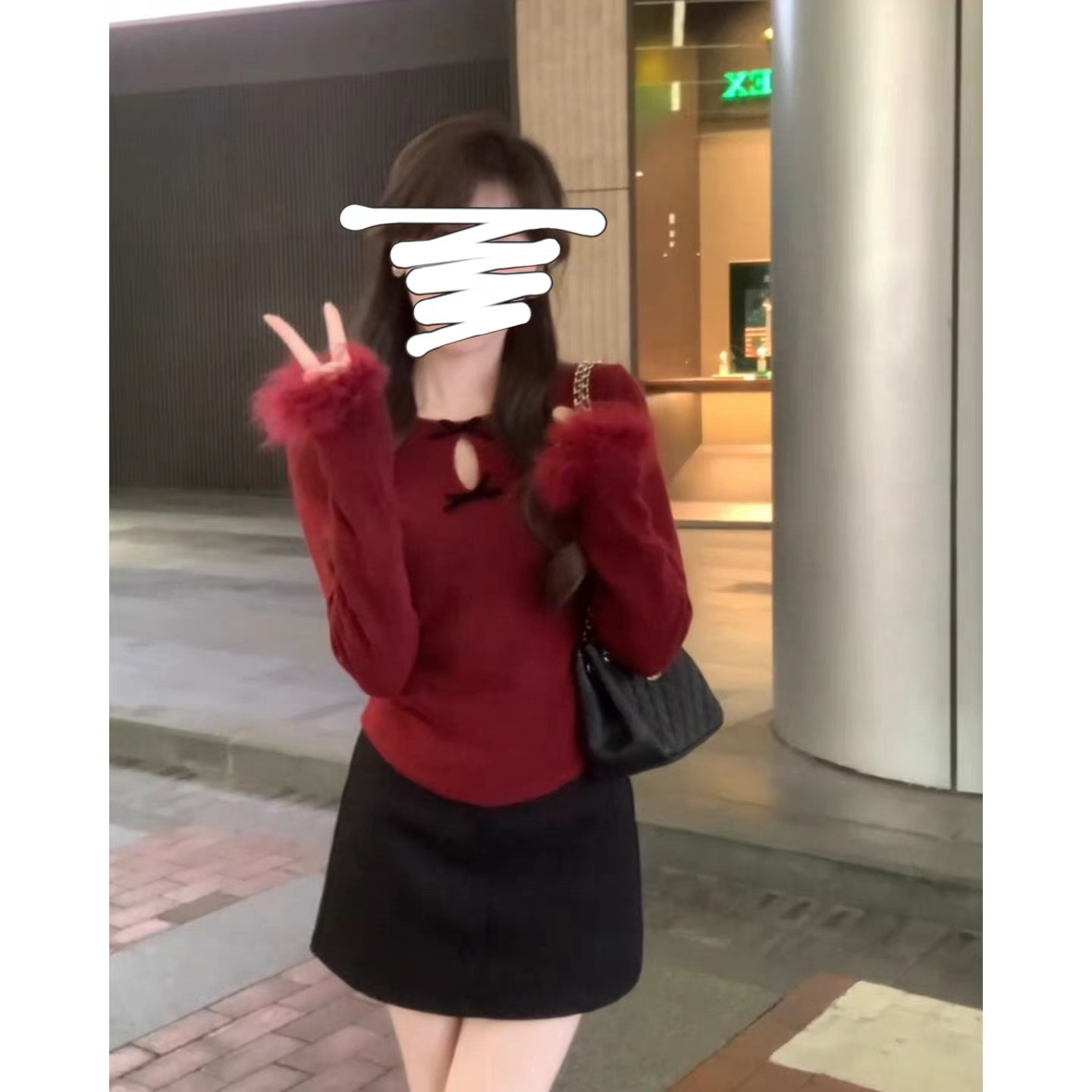 【安心推荐】韩版蝴蝶结毛毛袖长袖镂空女冬季时髦收腰显瘦打底衫
