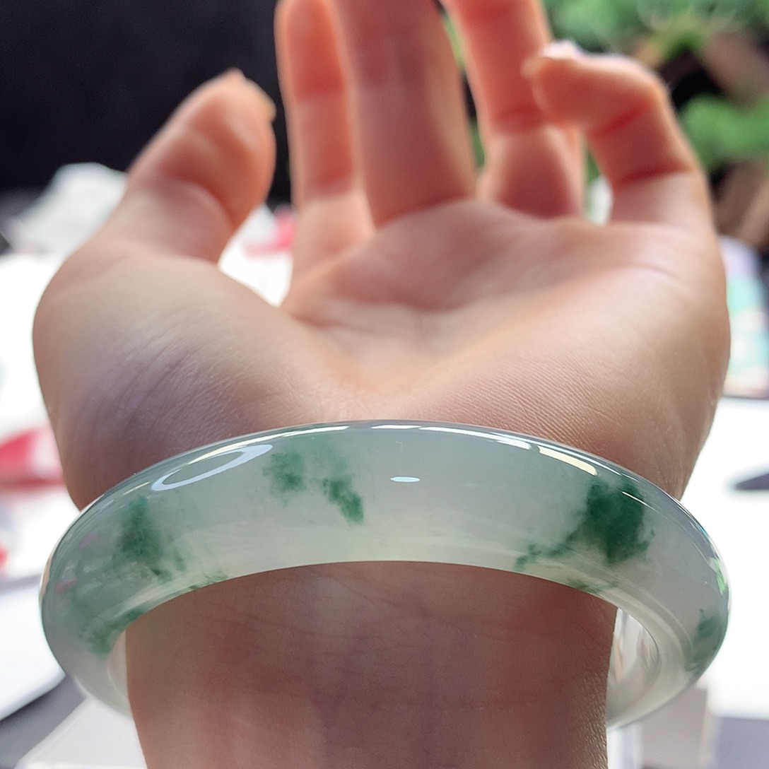翡翠手镯未镶嵌天然翡翠55-56冰种立体绿花毕业款