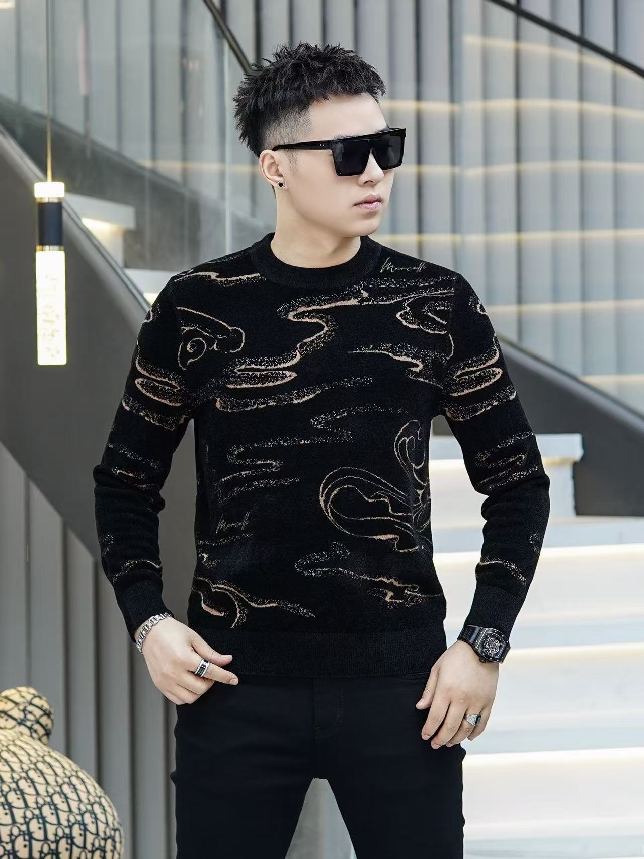 高档圆领提花加厚毛衣男士冬季时尚潮流保暖针织衫打底衫男装2903