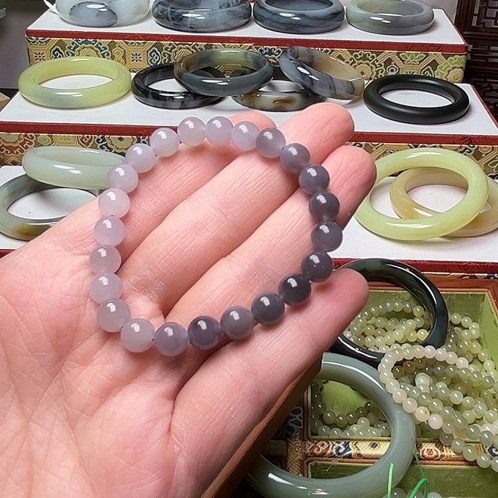 同***在和田玉未镶嵌手串青海烟紫半山水高冰透