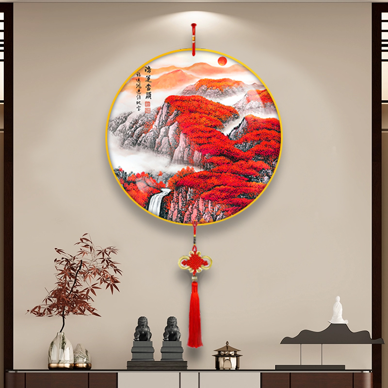 2026鸿运当头新中式中国结圆形山水画玄关客厅沙发背景墙装饰挂画